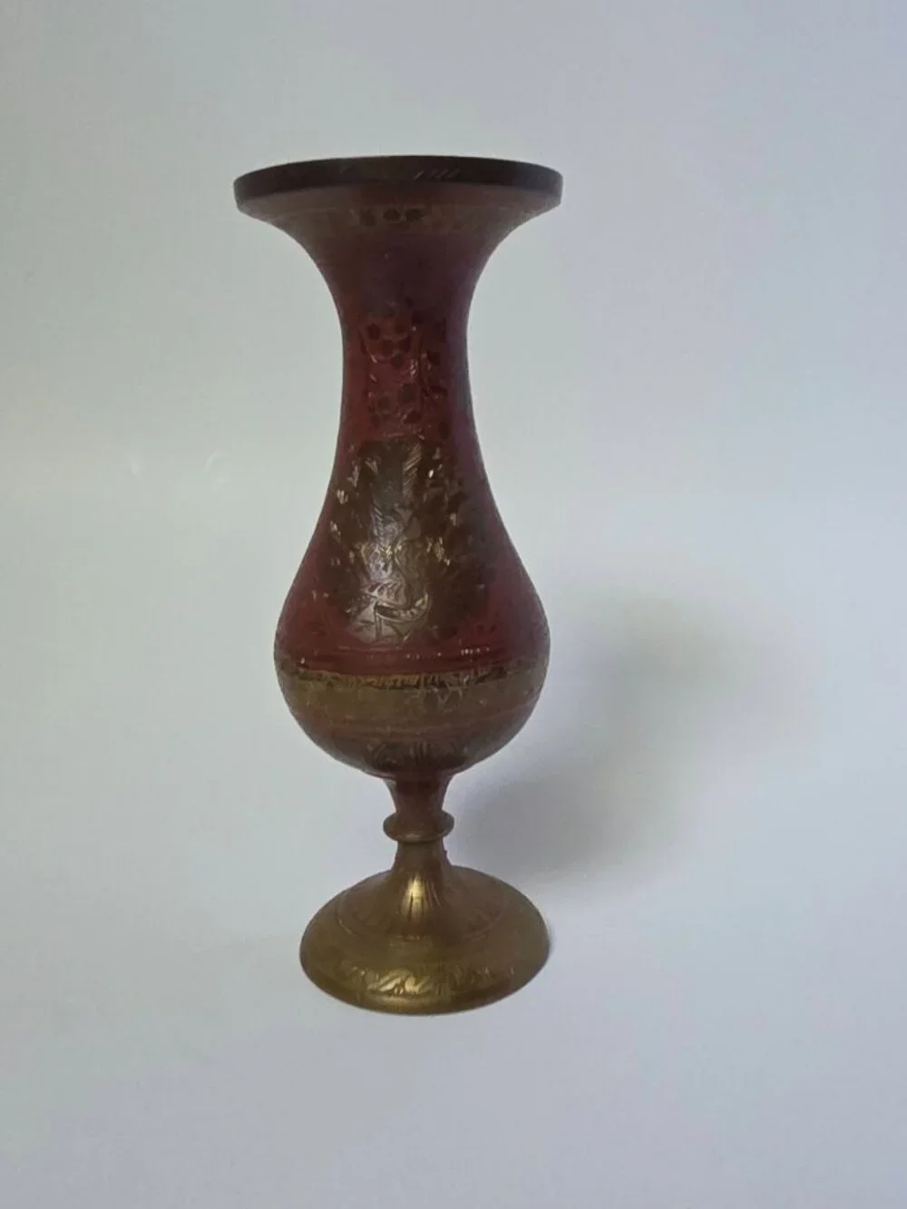 Vintage Enameled Brass Peacock Vase Made in India Hand Etched Red Pedestal Bud